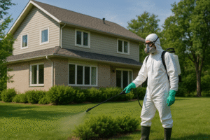 επαγγελματίας απεντομωτής με ατομικα μεσα προστασίας ψεκαζει κήπο και κάνει απεντόμωση στην Αθήνα