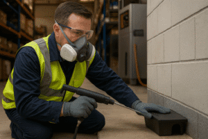 απεντόμωση εταιρειών, μυοκτονία εταιρειών, απεντόμωση επιχειρήσεων, μυοκτονία επιχειρήσεων, απεντόμωση εταιριών, απεντομωτής που σκύβει να κολήσσει δολωματικό σταθμό στο τοίχο υπογείου επιχείρησης